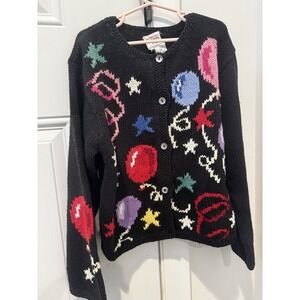 Vintage Talbots Kids Hand Knit Balloons Party Celebration Black Cardigan Sz 6X